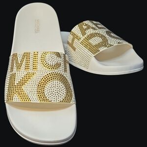 Michael Kors Gilmore Slide Sandals White And Gold Rhinestone